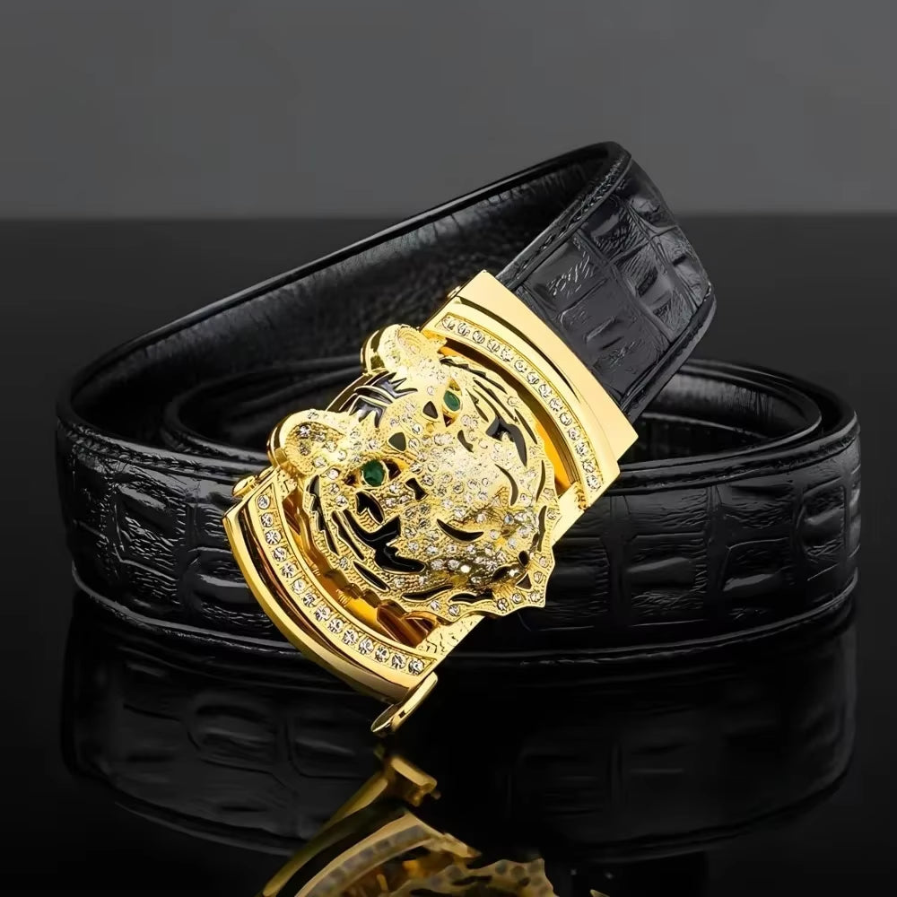 Gold Tiger Head Leather Belt