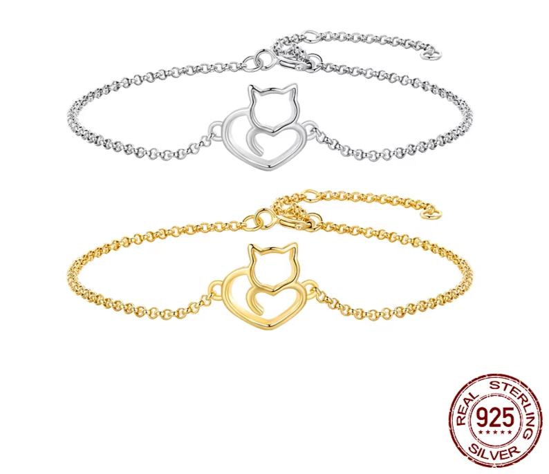 Kitty Heart Bracelet: Sterling Silver, Gold, or Rose Gold