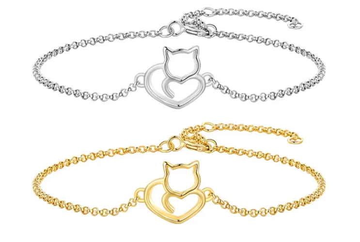 Kitty Heart Bracelet: Sterling Silver, Gold, or Rose Gold