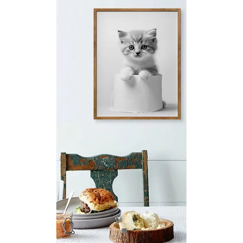 Black & White Toilet Paper Kitty, Canvas Wall Art Decor