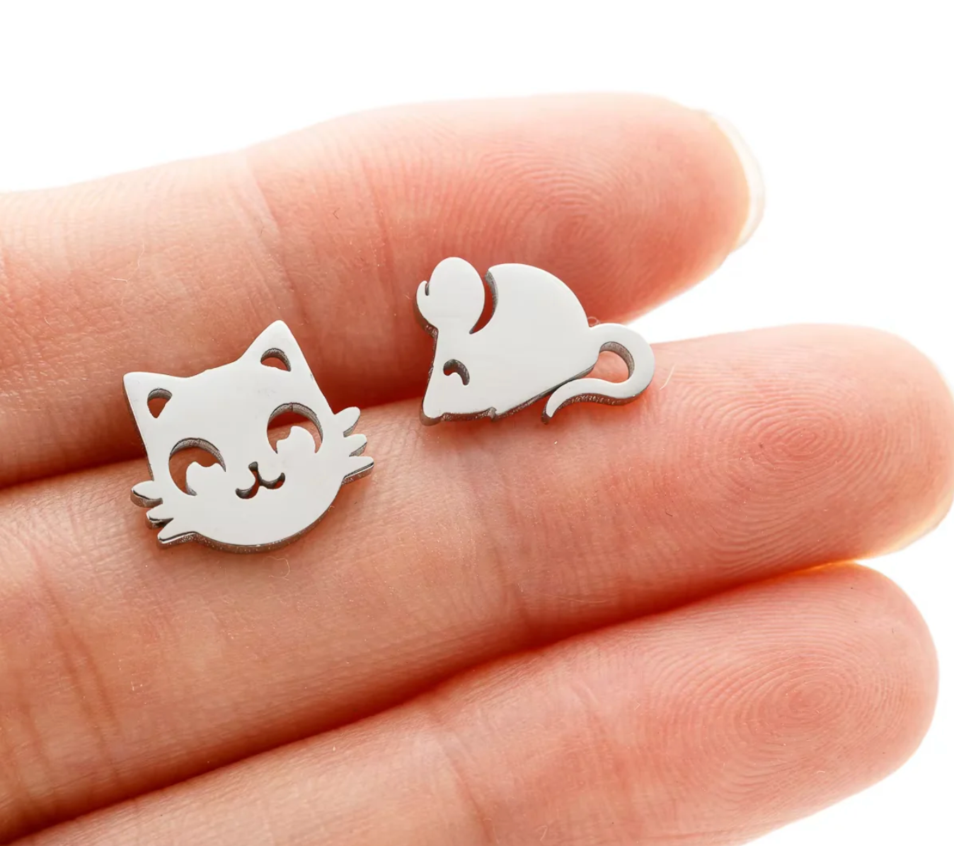 Unique Silver Cat and Mouse Earrings