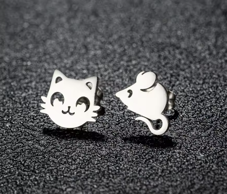 Unique Silver Cat and Mouse Earrings