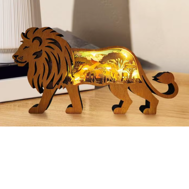 Wood Carving Lion Safari Decor - Built in LED Light