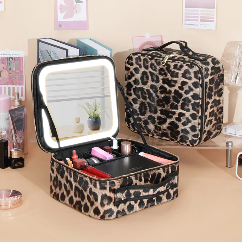 Leopard Cosmetic Bag with Mirror and 3 Color Dimmable LED Lights