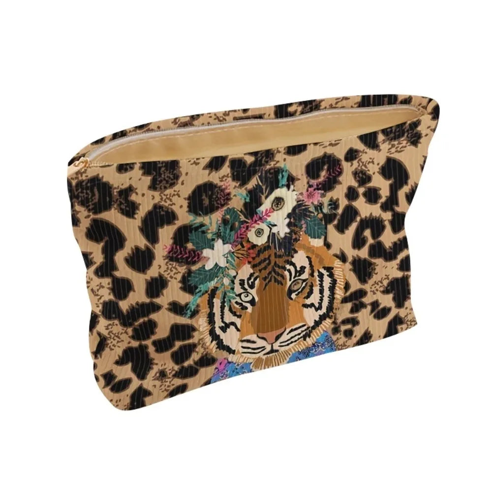 Fashionable Corduroy Tiger Makeup Bag with Zipper