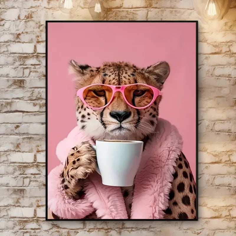 Charming Cheetah with Drink, Canvas Wall Art Decor