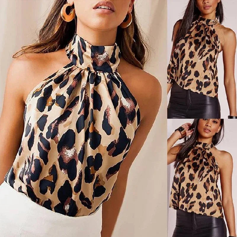 Sophisticated Leopard Print Halter Blouse