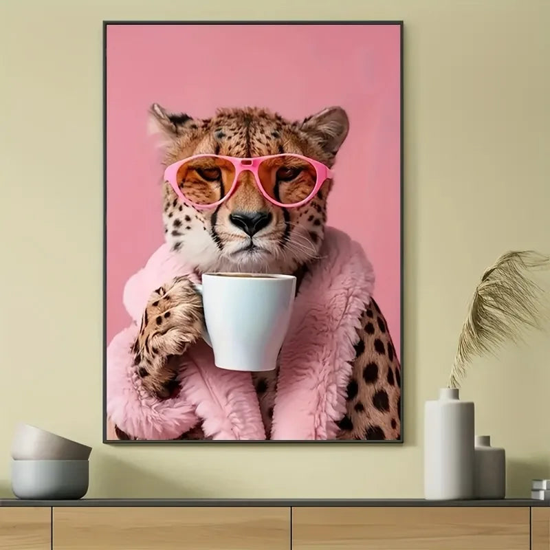 Charming Cheetah with Drink, Canvas Wall Art Decor