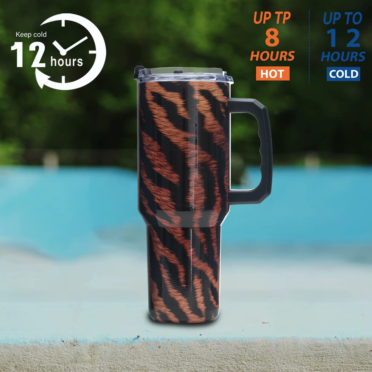 40Oz Tiger Print Tumbler – Vacuum Insulated Stainless Steel Travel Mug with Leakproof Lid, Handle, Wide Mouth, Bpa-Free