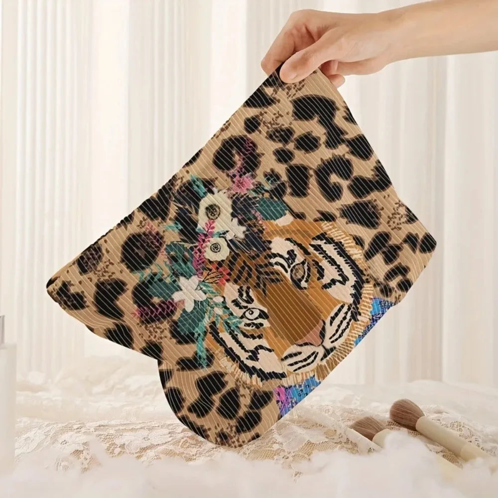 Fashionable Corduroy Tiger Makeup Bag with Zipper