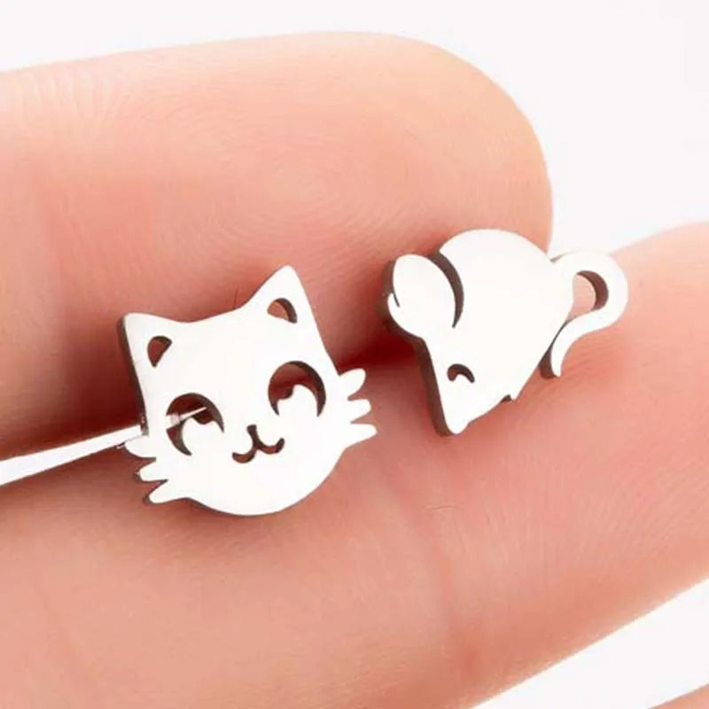Unique Silver Cat and Mouse Earrings