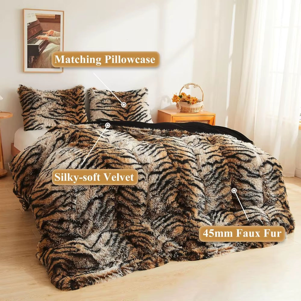 King Size Tiger Faux Fur Duvet Cover, 3 Piece Set Bedding