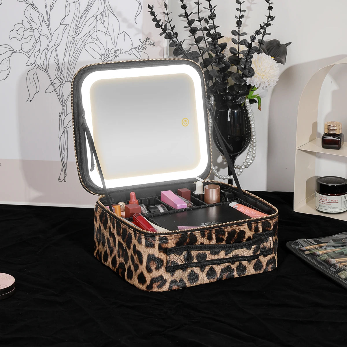 Leopard Cosmetic Bag with Mirror and 3 Color Dimmable LED Lights