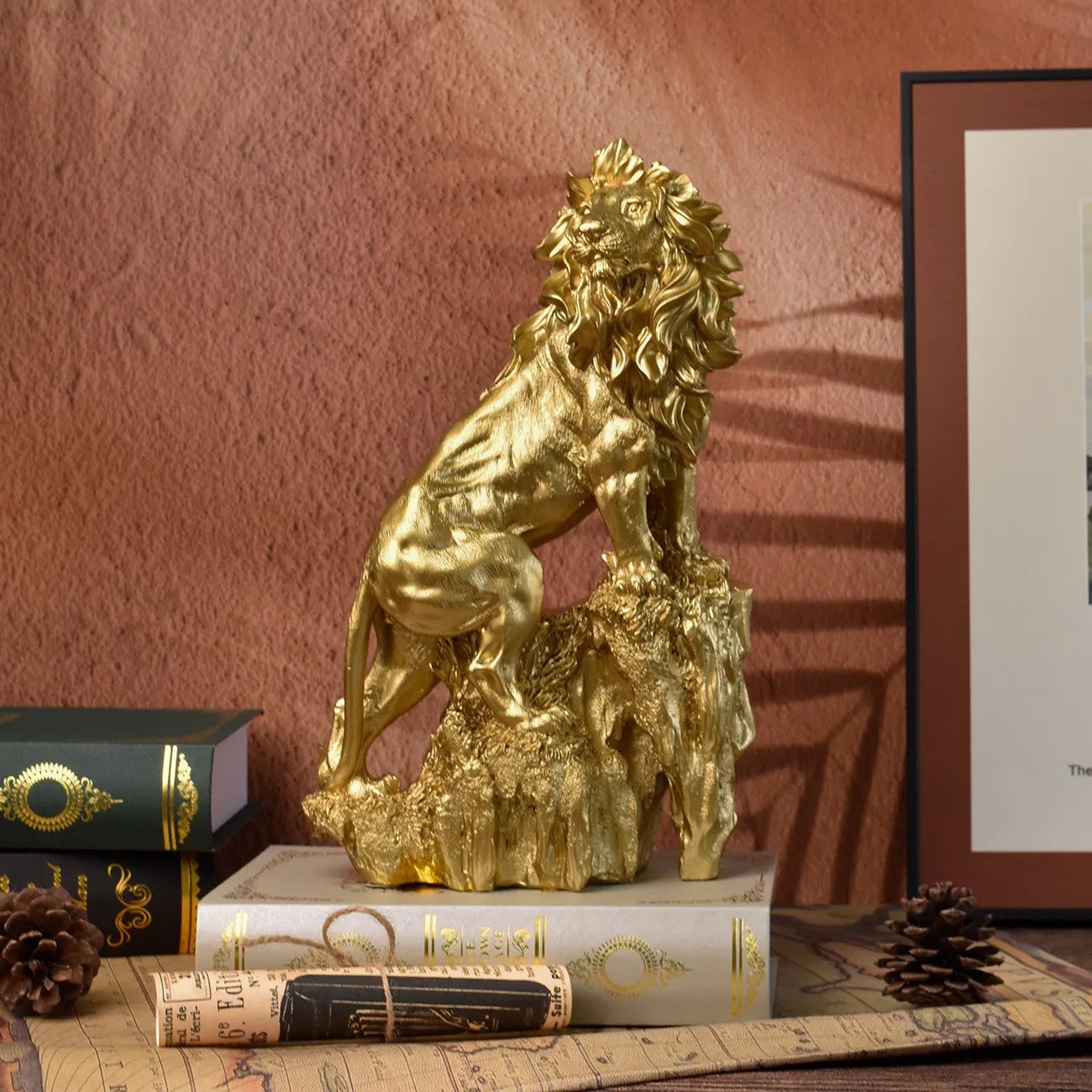 Gold Lion Statue – Large Resin Animal Sculpture for Home, Office, Living Room & Porch Decor