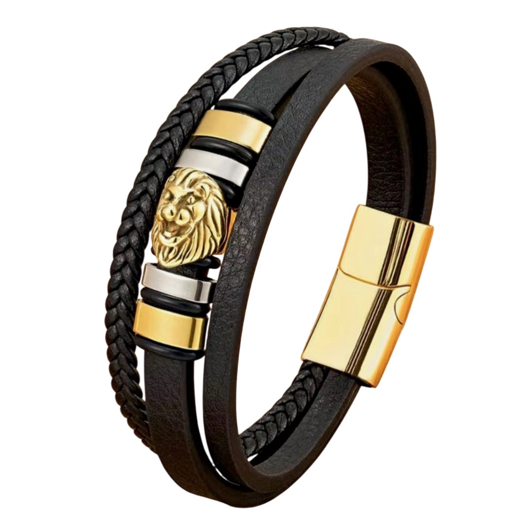 Classic Lion Stainless Steel Leather Bracelet : Black, Gold & Silver