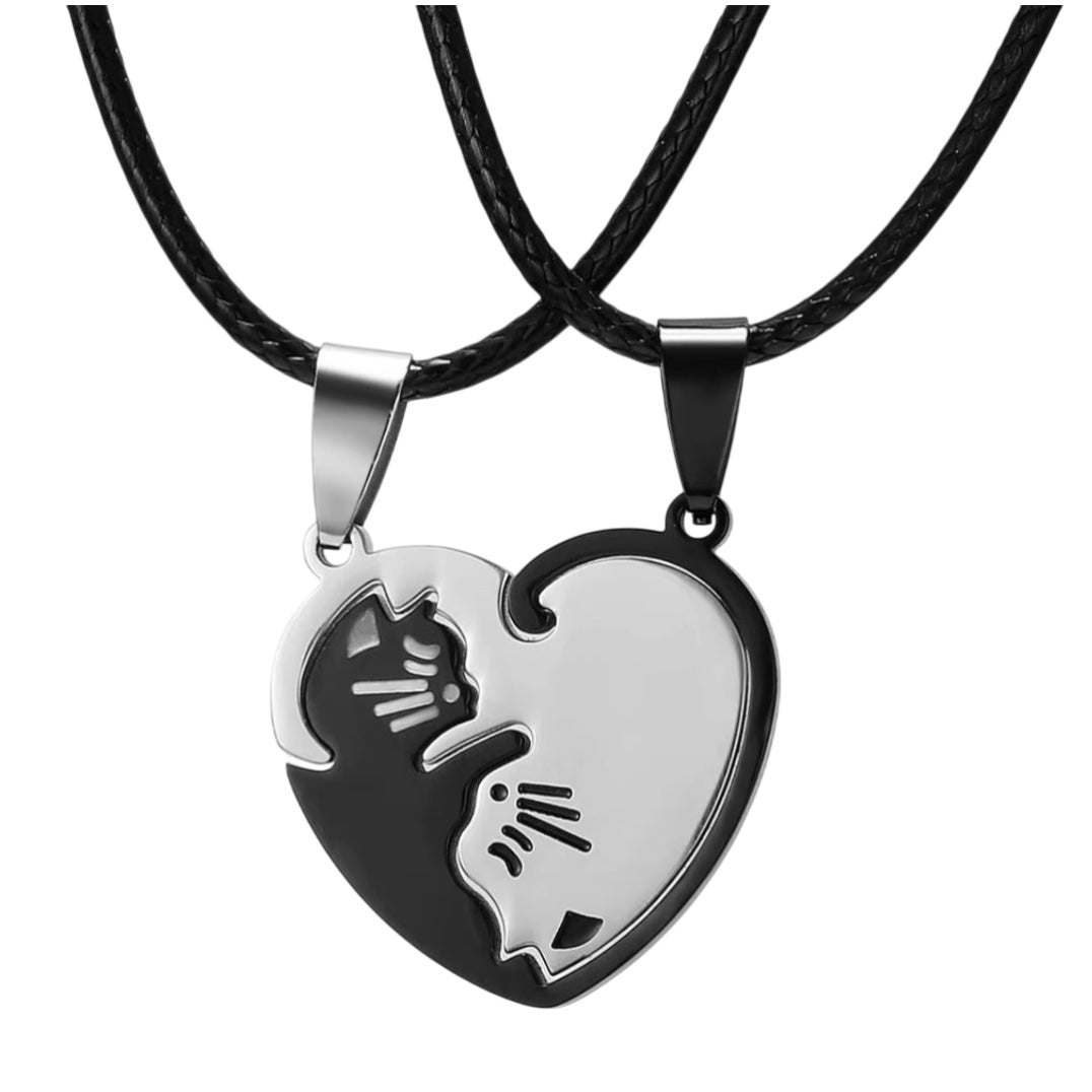 Black and White Cat Heart Necklace: 2 Pcs/Set