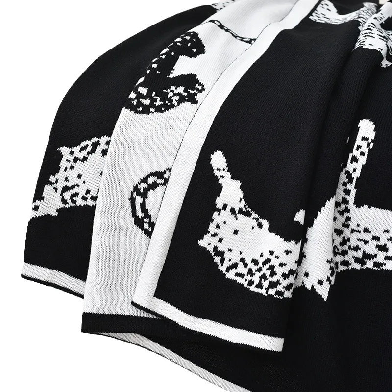 Black & White Leopard Knit Throw Blanket