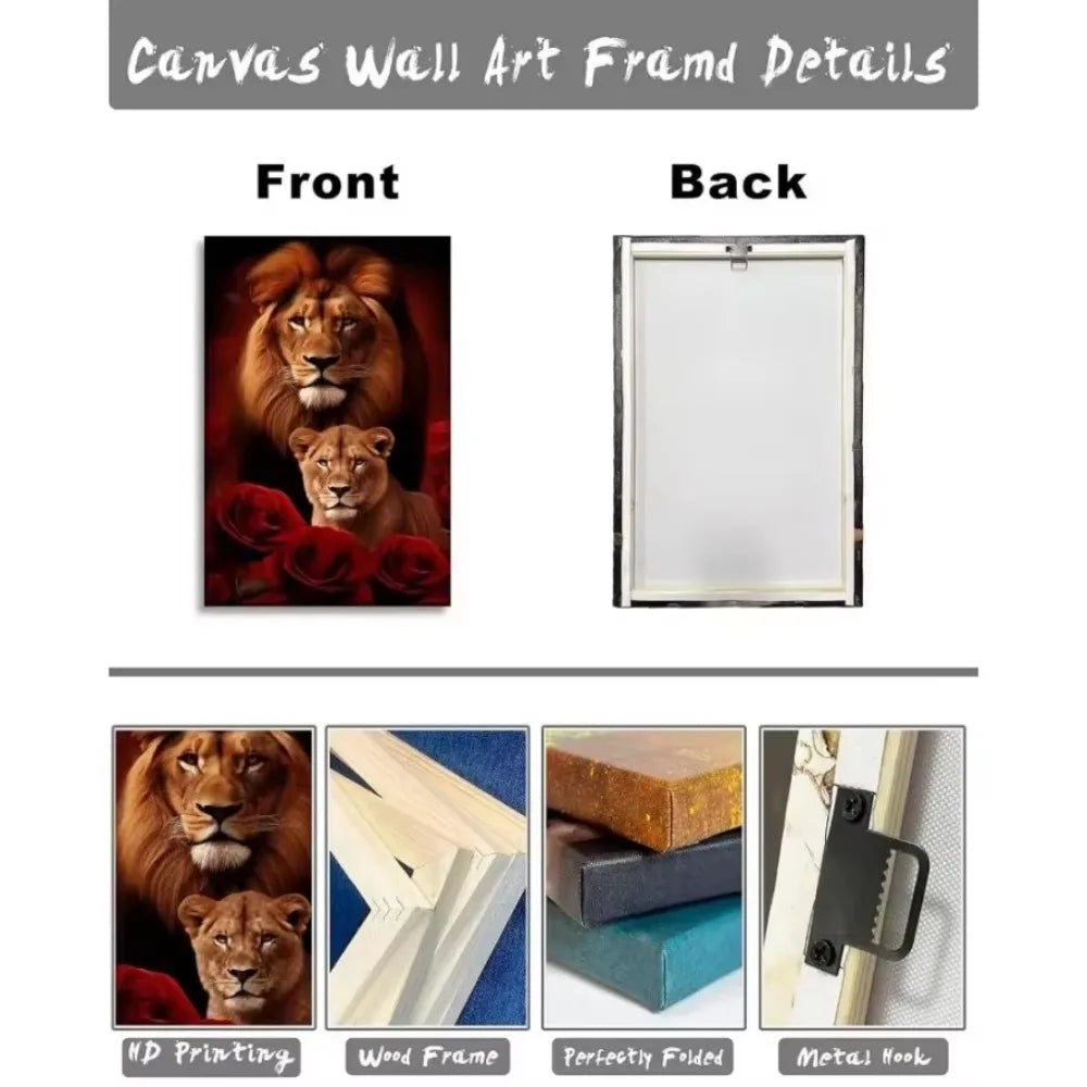 Striking Lion, Lioness & Red Rose Canvas Wall Art Decor