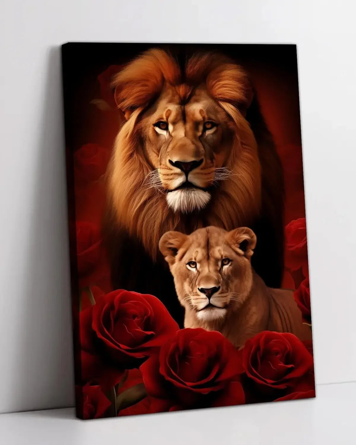 Striking Lion, Lioness & Red Rose Canvas Wall Art Decor