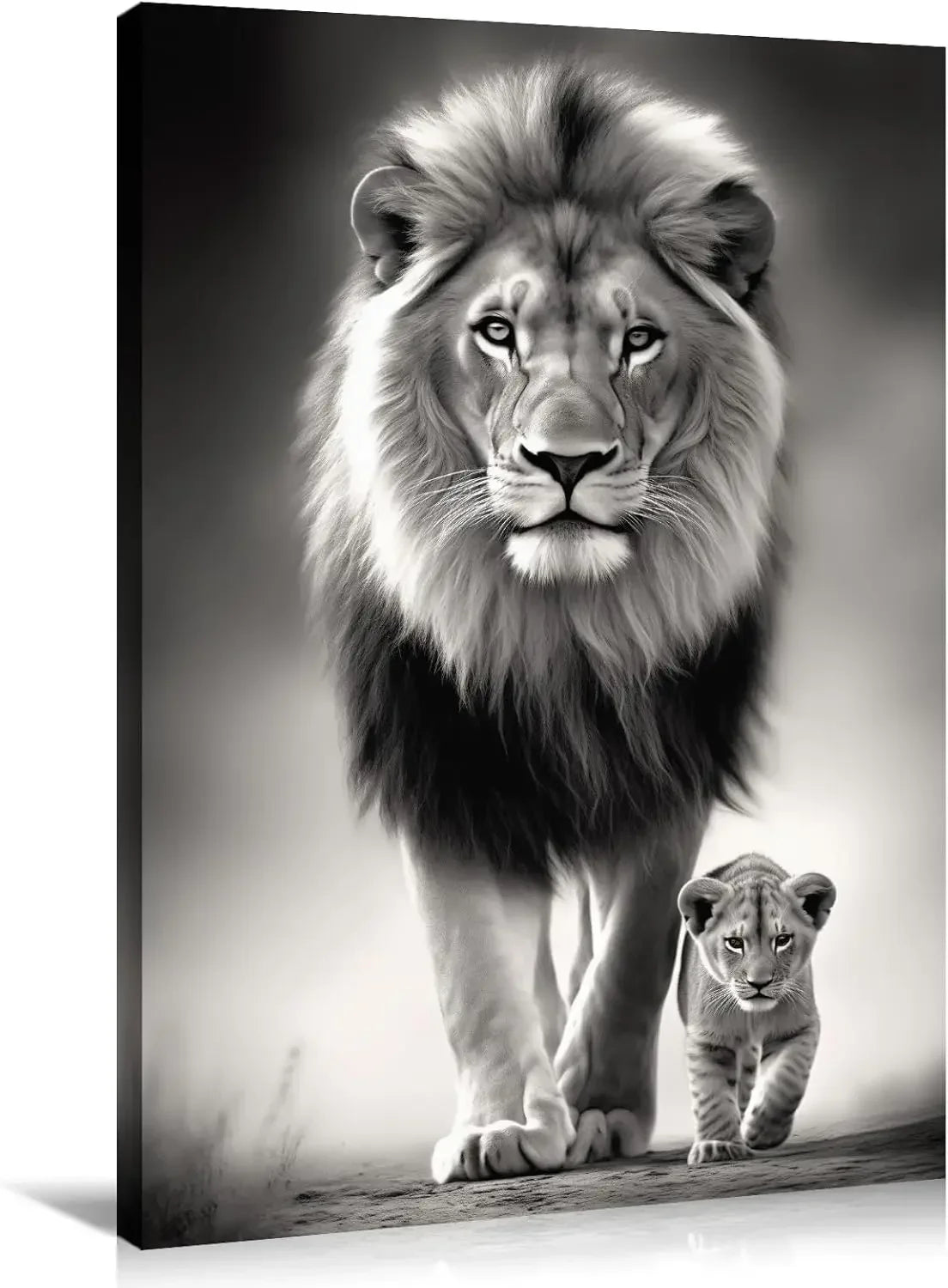 Contemporary Large Canvas Wall Art - Striking Lion, Lioness & Red Rose Animal Painting