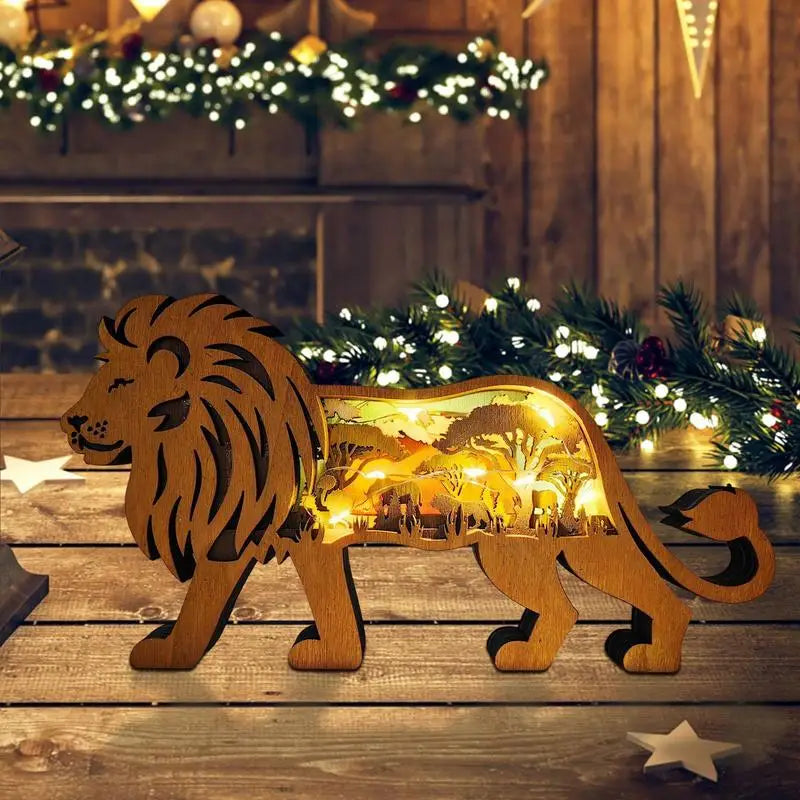 Wood Carving Lion Safari Decor - Built in LED Light