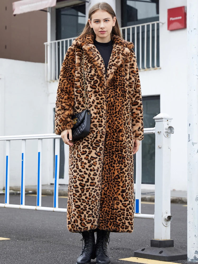 Luxurious Long Leopard Print Faux Fur Coat