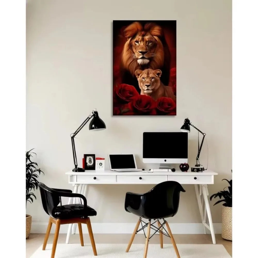 Striking Lion, Lioness & Red Rose Canvas Wall Art Decor