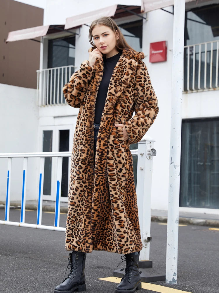 Luxurious Long Leopard Print Faux Fur Coat