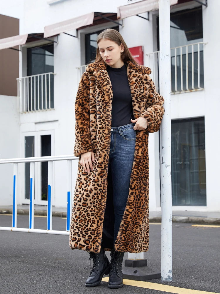 Luxurious Long Leopard Print Faux Fur Coat