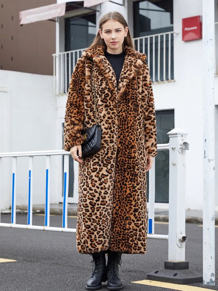 Luxurious Long Leopard Print Faux Fur Coat