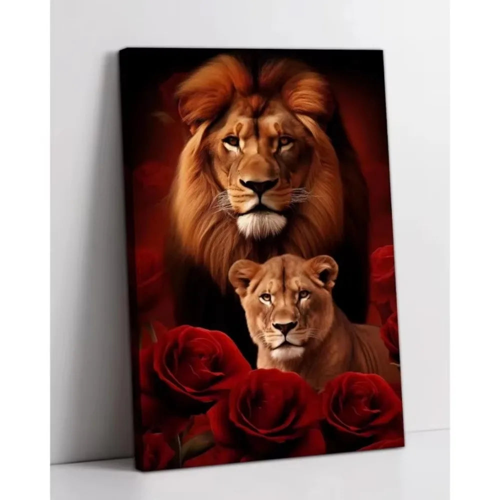 Striking Lion, Lioness & Red Rose Canvas Wall Art Decor