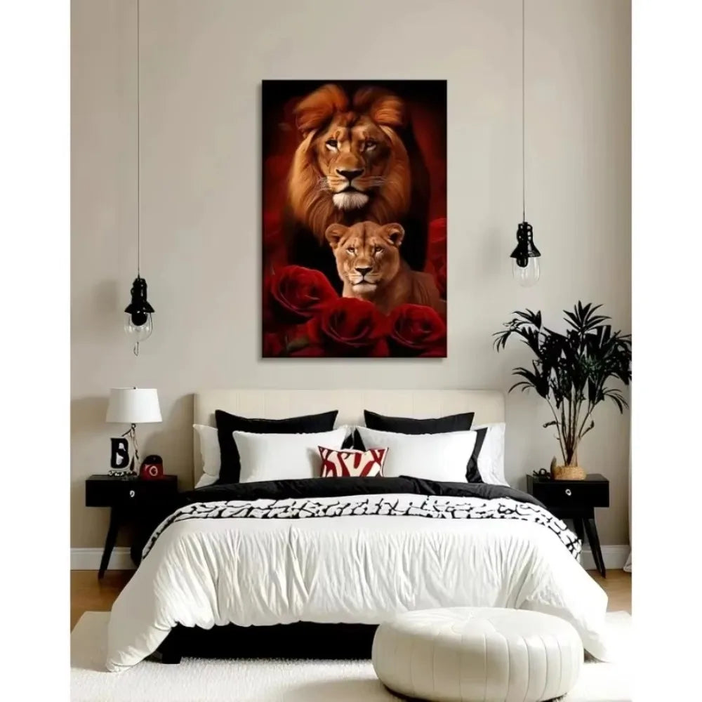 Striking Lion, Lioness & Red Rose Canvas Wall Art Decor