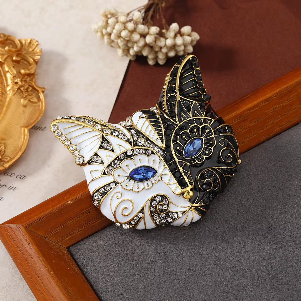 Stunning Half Black & Half White Cat Face Brooch with Mesmerizing Blue Eyes