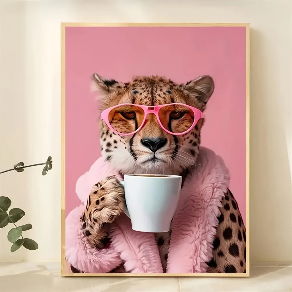 Charming Cheetah with Drink, Canvas Wall Art Decor