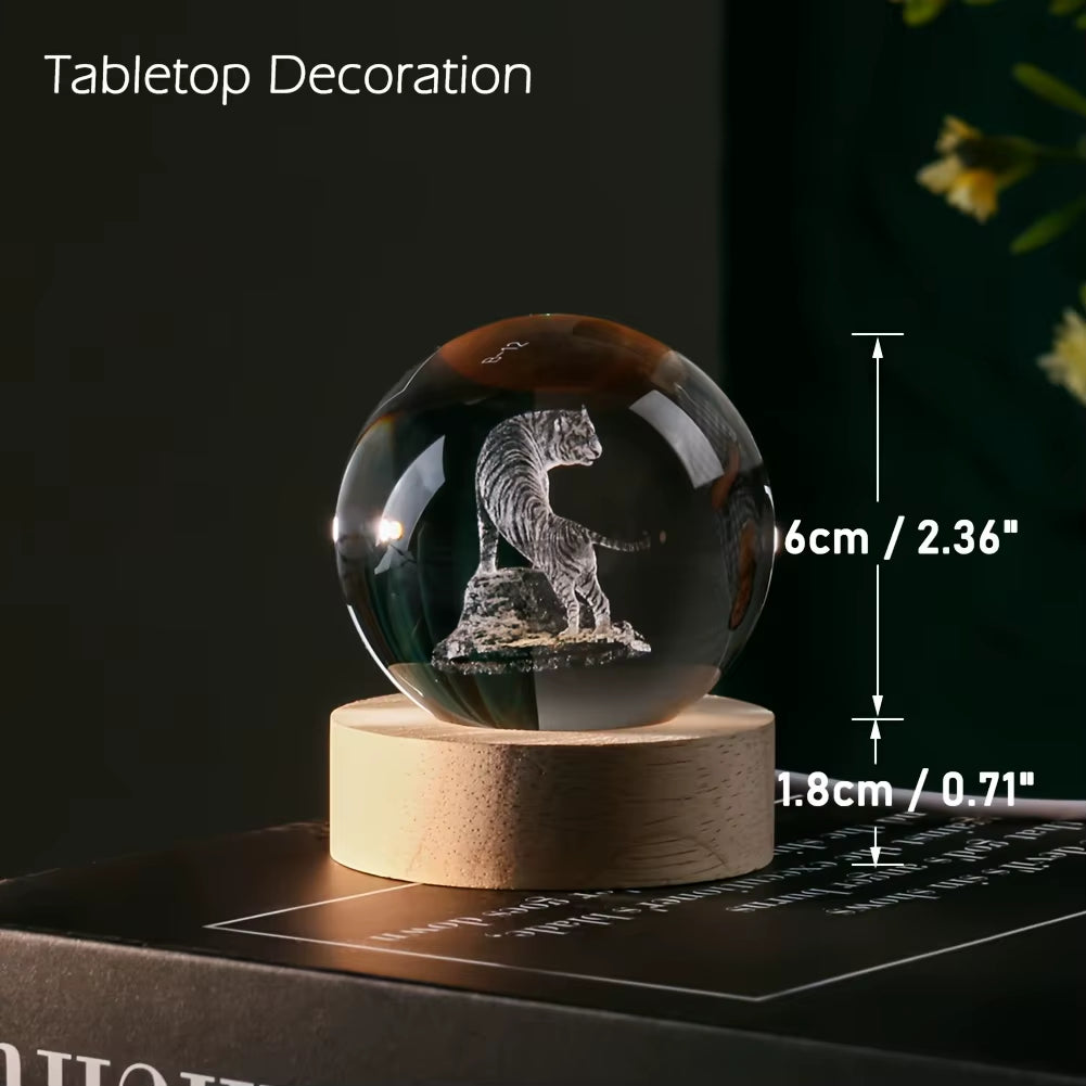 Small 3D White Tiger Crystal Ball – 60mm Glass Sphere with Intricate Tiger Design