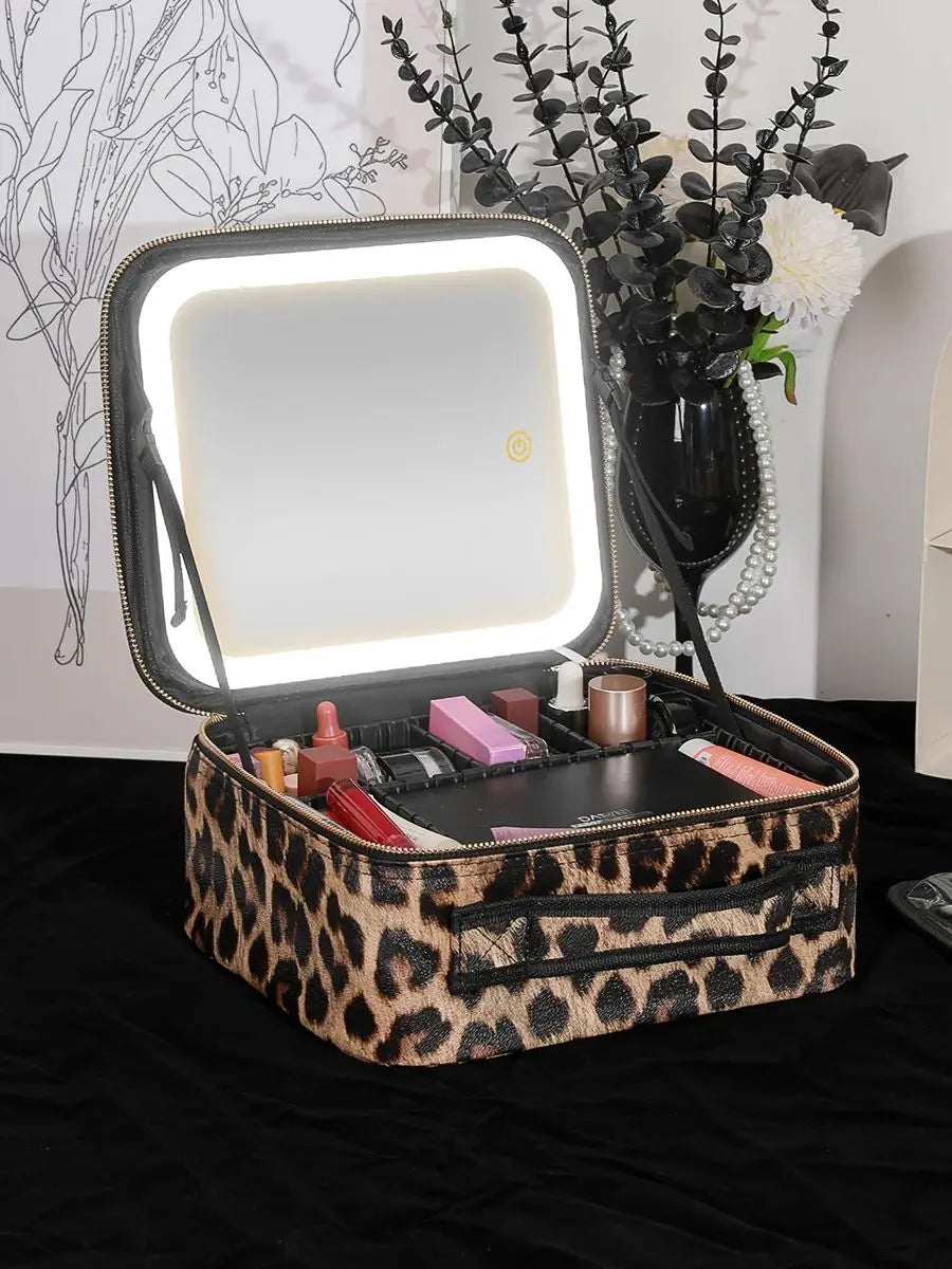 Leopard Cosmetic Bag with Mirror and 3 Color Dimmable LED Lights