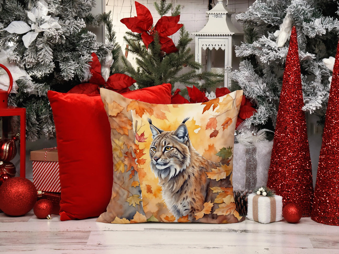 Lynx Cat in Leaves Throw Pillow