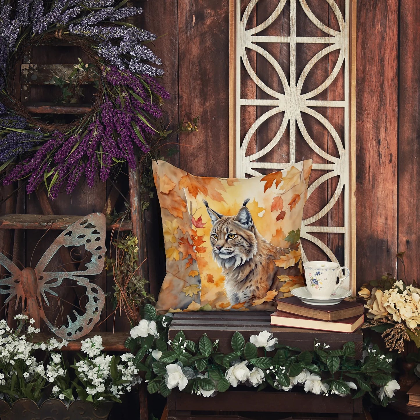 Lynx Cat in Leaves Throw Pillow