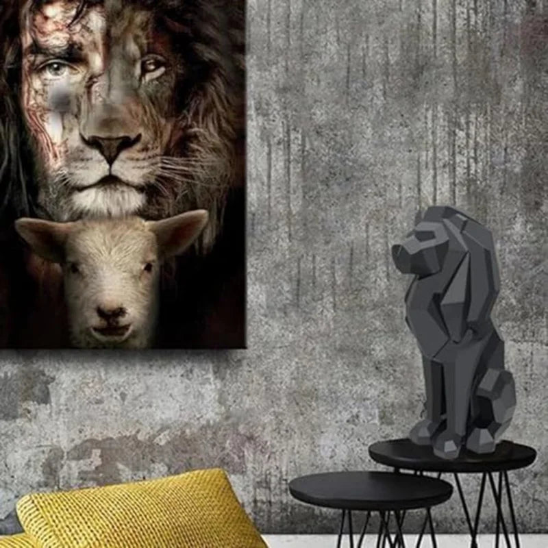 Geometric Black or White Regal Lion Statue: Interior Decor for Home Living or Office