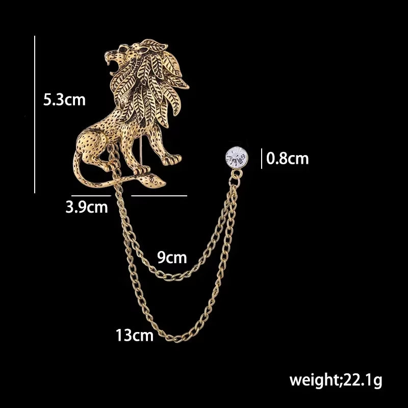 Crystal Lion Brooch with Tassel Chain Lapel Pin