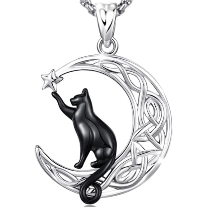Black Cat Celtic Knot Necklace 925 Sterling Silver Cute Animal Pendant Jewelry Gifts for Women Men Graduation Christmas Birthday