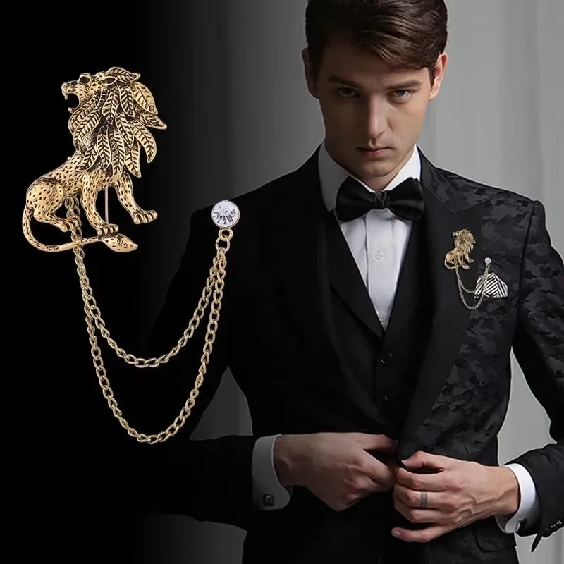 Crystal Lion Brooch with Tassel Chain Lapel Pin