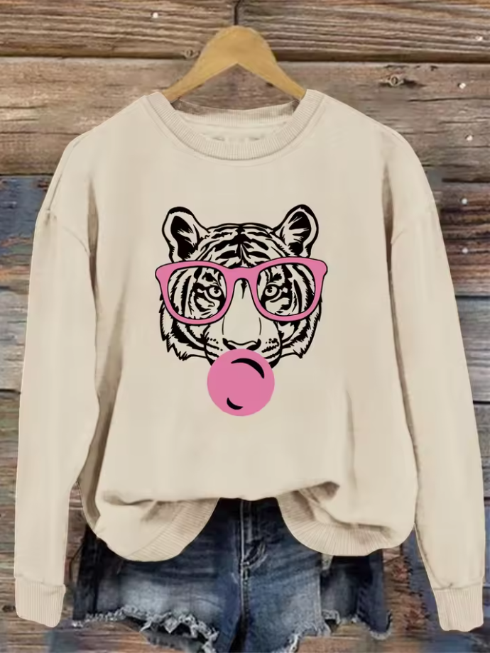 Apricot Crew Neck Sweatshirt – Tiger with Pink Glasses & Bubble Gum (S-2XL)