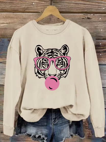 Apricot Crew Neck Sweatshirt – Tiger with Pink Glasses & Bubble Gum (S-2XL)
