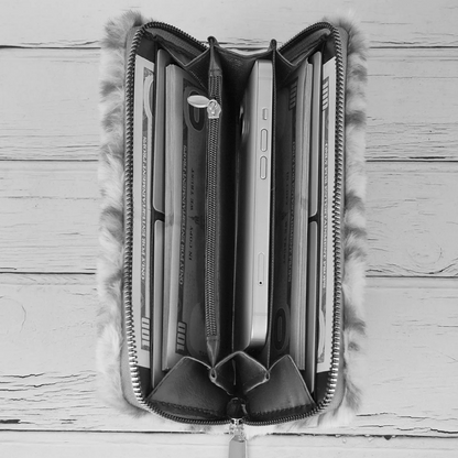 Snow Leopard Luxe Plush Wallet – Fashionable Card Holder with Extra Storage