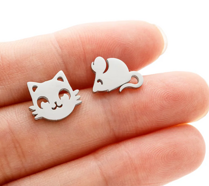 Unique Silver Cat and Mouse Earrings