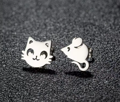 Unique Silver Cat and Mouse Earrings