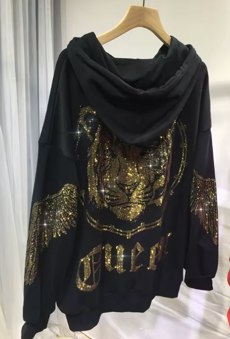 Oversized Sparkly Tiger Zip-Up Hoodie