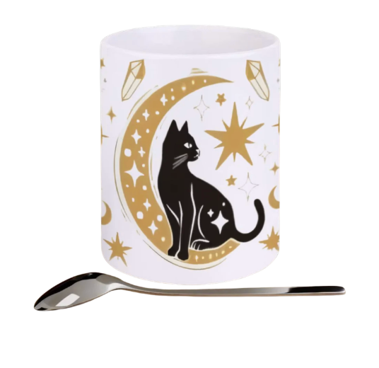 Three Black Cats Sitting in Front of a Crescent and Stars 11 oz Mug