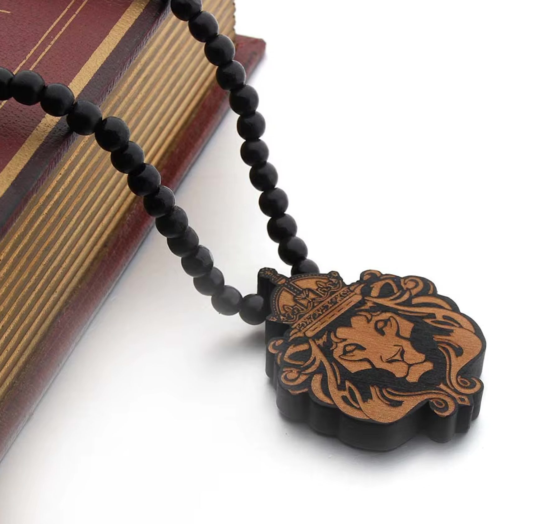 Trendy Wooden Lion Face Beaded Necklace